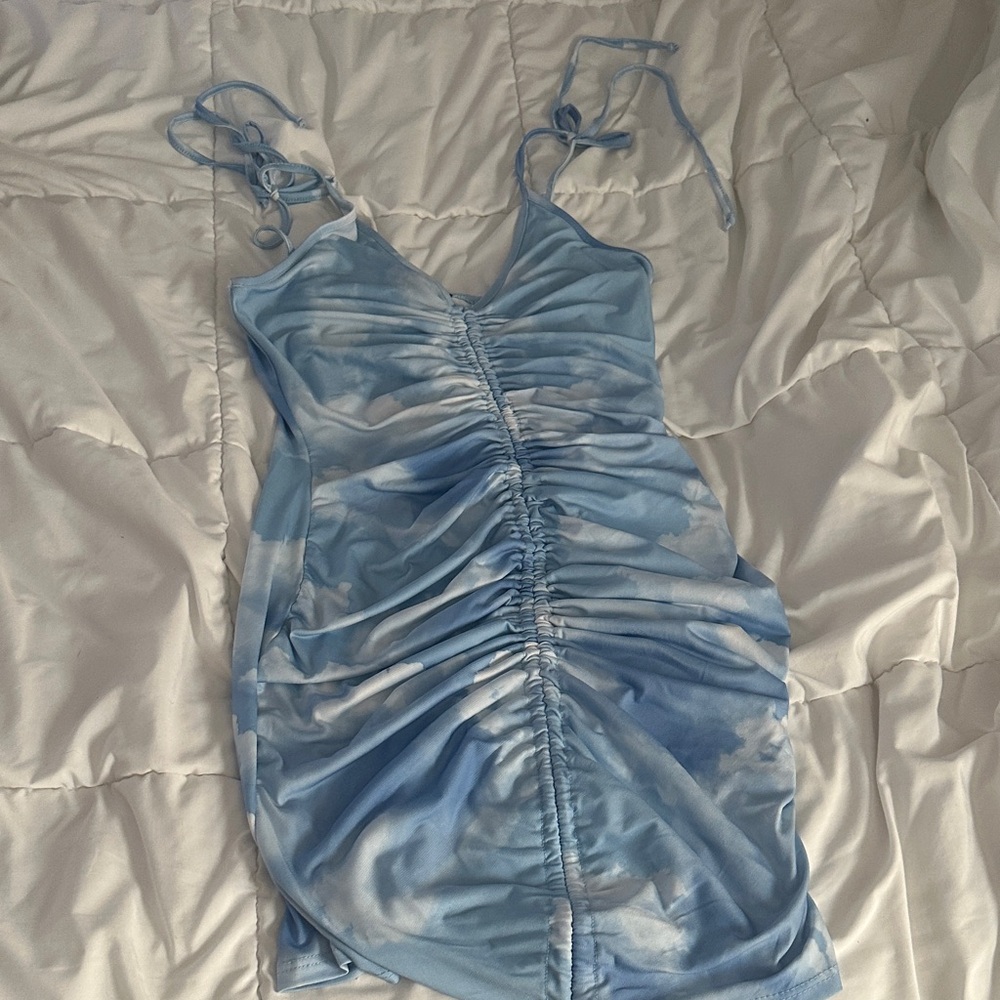 Fashion Nova Sky Blue Ruched Mini Dress